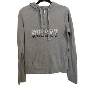 Y2K Guess Sequin spellout‎ Hoodie Medium  Gray silver quarter zip